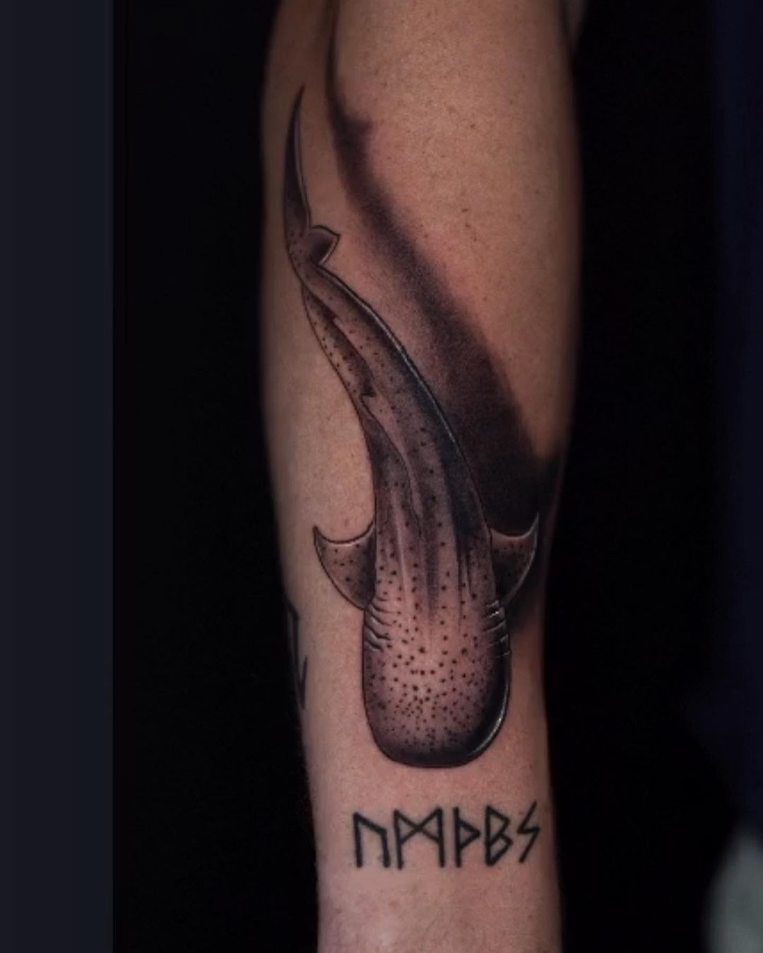 Minimal shark and runes tattoo by Ben Spear