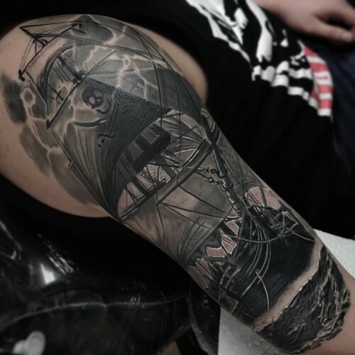 Nautical ship and architecture tattoo by Mattlock Lopes