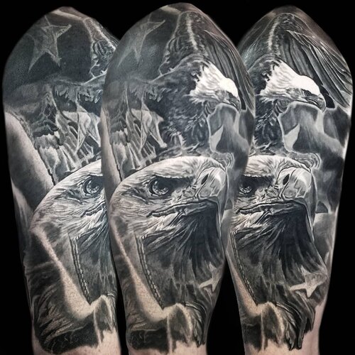 Eagle and mountain sleeve tattoo by Mattlock Lopes at Inkcredible Tattoo Studio in Virginia Beach