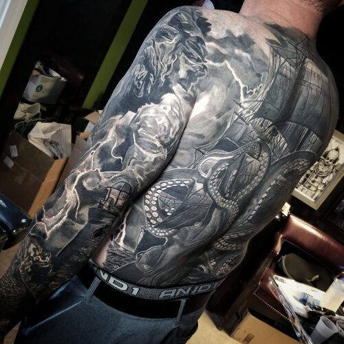 Nautical full-back composition tattoo by Mattlock Lopes at Inkcredible Tattoo in Virginia Beach