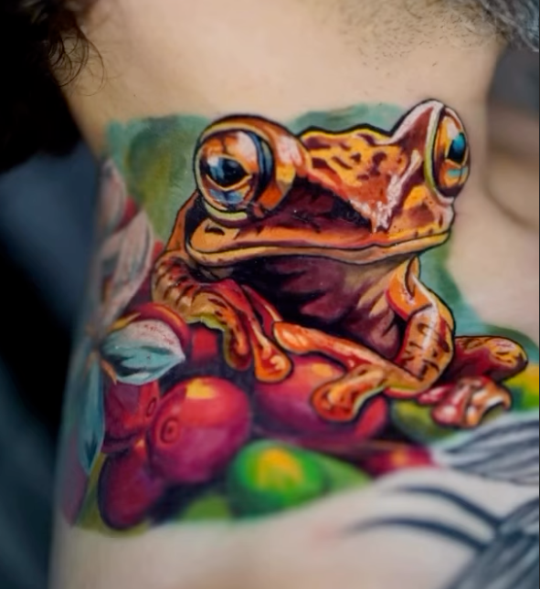 Color frog portrait tattoo by Dorse Taylor at Inkcredible Tattoo