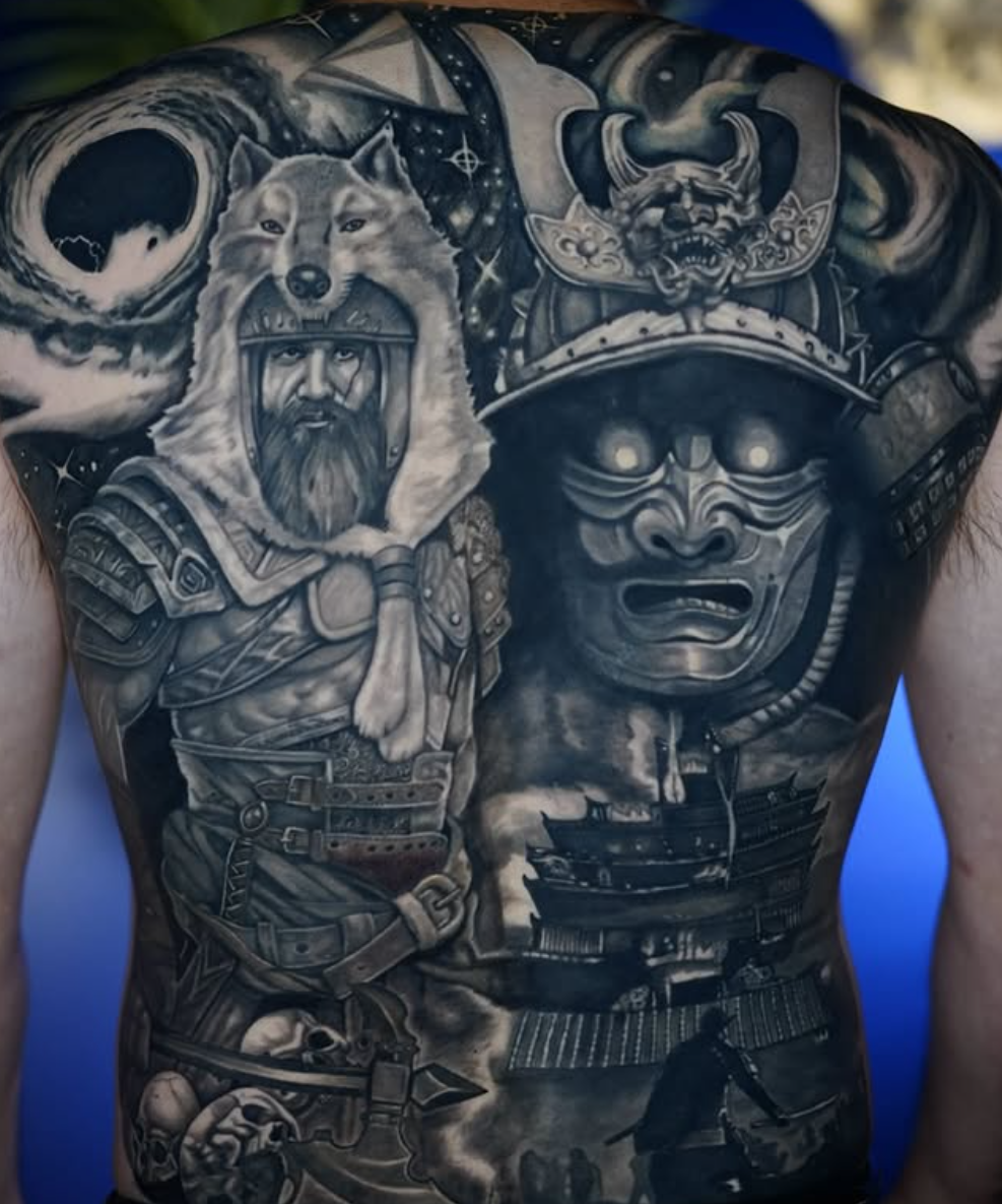 Viking and samurai back piece tattoo by Burke Long at Inkcredible Tattoo in Virginia Beach