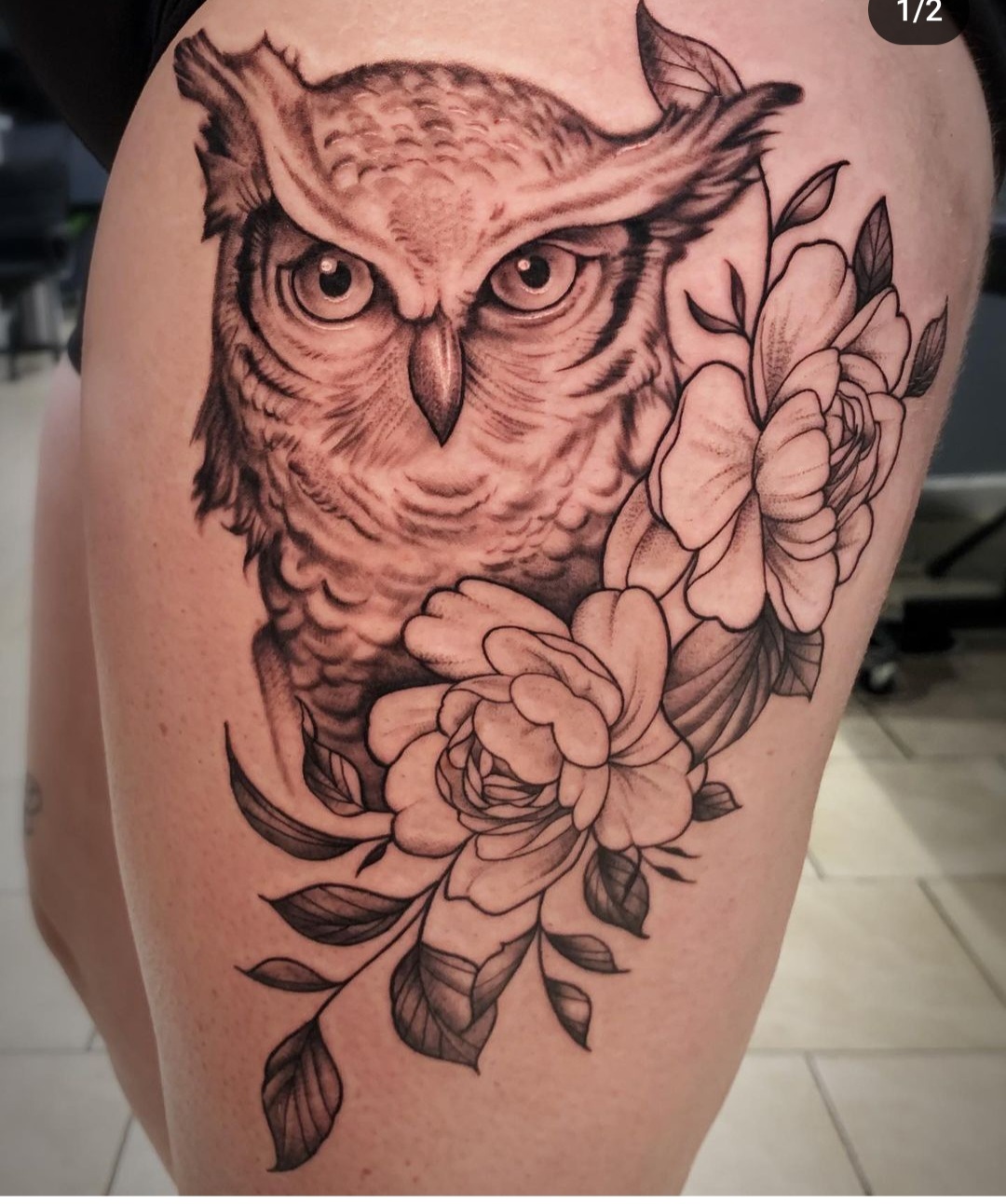 Owl and flowers tattoo by Brian Allen at Inkcredible Tattoo Studio in Virginia Beach
