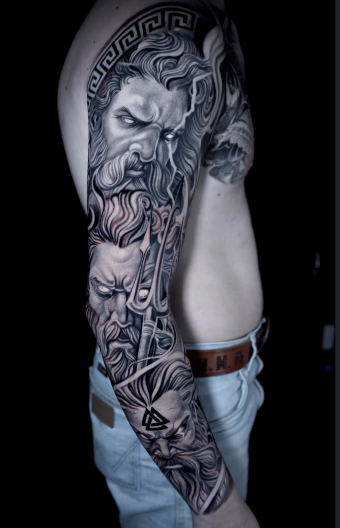 Greek mythology blackwork sleeve tattoo by Nathaly Hernandez at Inkcredible Tattoo in Virginia Beach